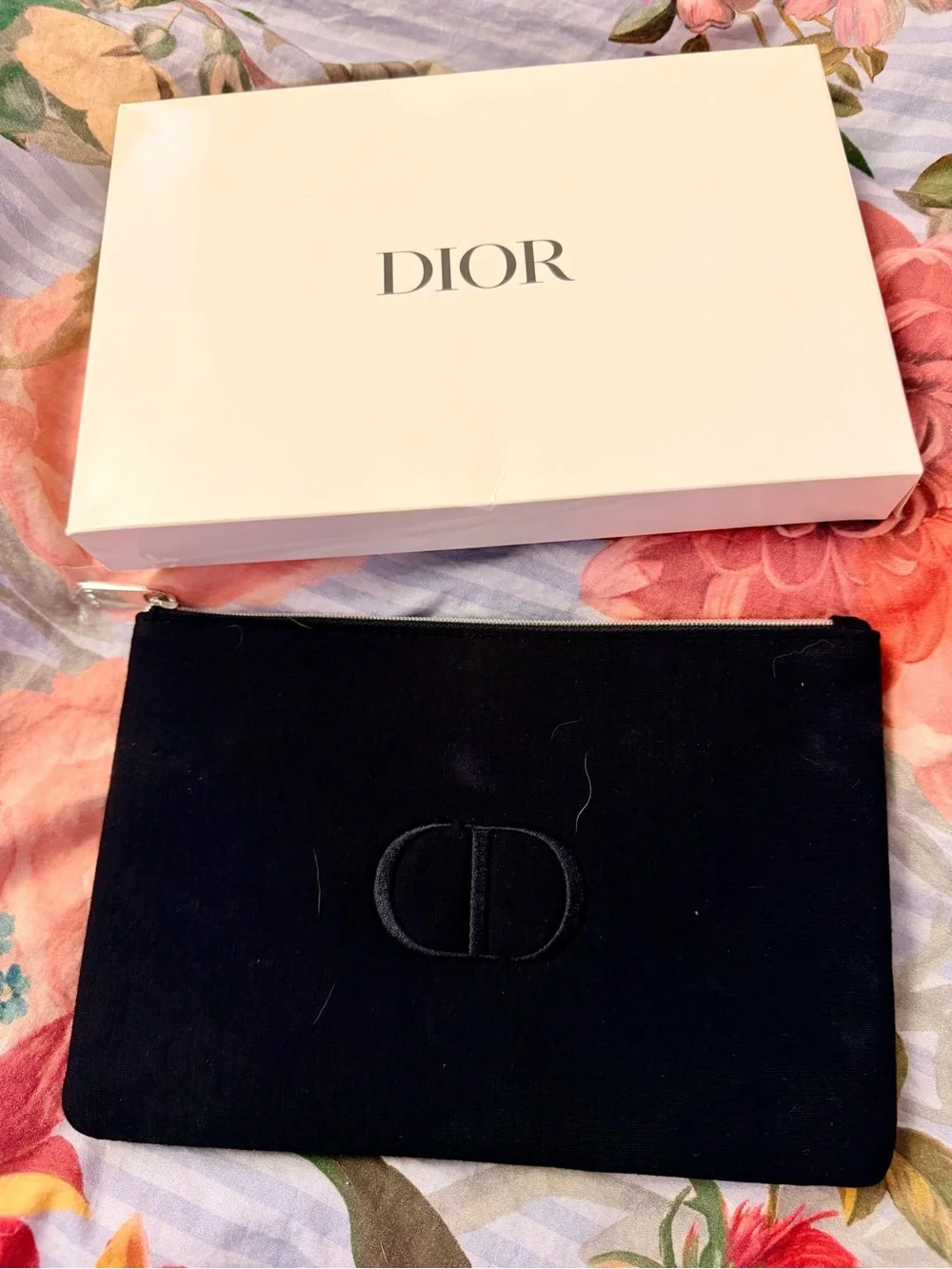 NWT Dior Black Velvet Zip Pouch Embroidered CD and Original Box
